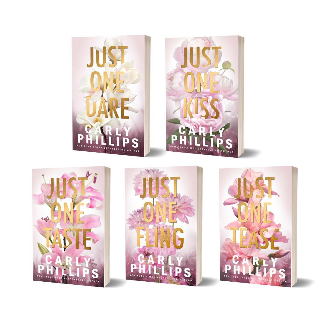 Five paperback books from the 'Dirty Dares' series by Carly Phillips featuring elegant floral covers and gold text on covers