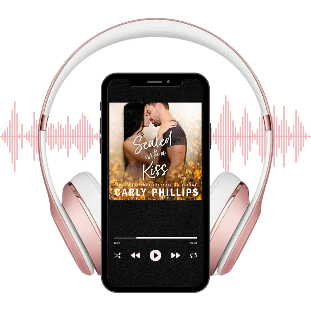 Sealed With A Kiss audiobook cover on shown on player with headphones and soundwaves behind.