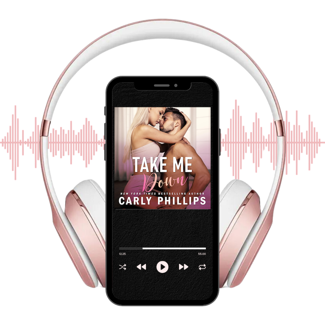 Take Me Down audiobook shown on player with headphones and soundwaves