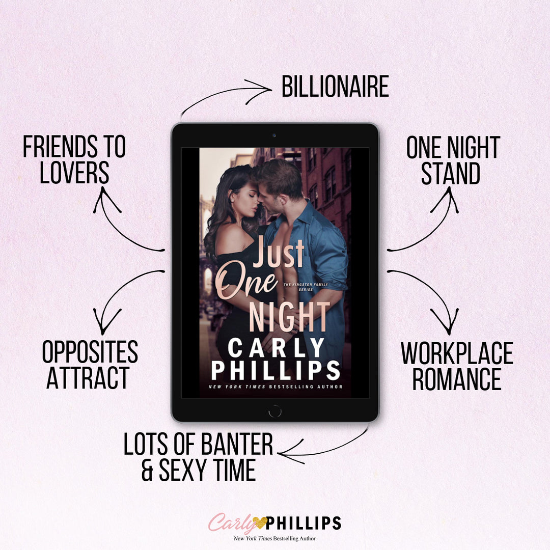 Promo image for paperback Just One Night by Carly Phillips highlighting tropes.
