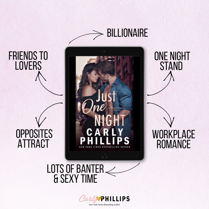Promo image for paperback Just One Night by Carly Phillips highlighting tropes.