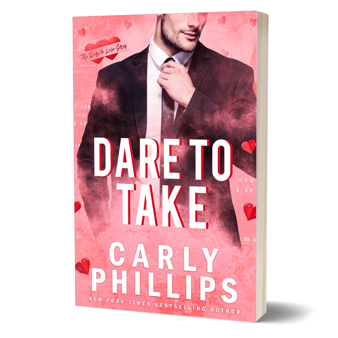 Dare to Take paperback cover, with a rose-colored background and handsome hero wearing a suit and straightening his tie at his shirt collar.