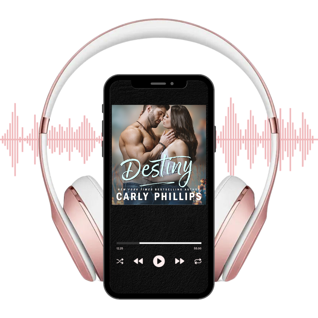 Phone displaying 'Destiny' audiobook cover with rose gold headphones and sound waves on a white background