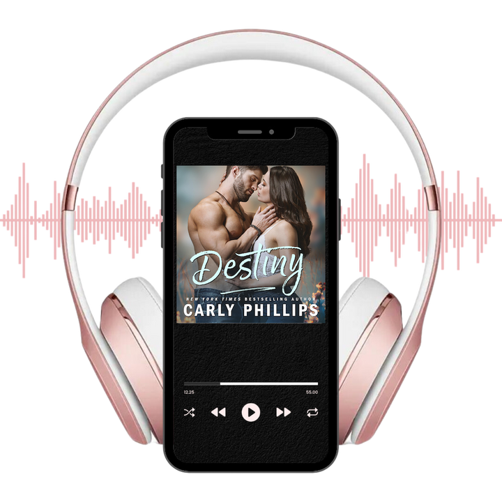 Phone displaying 'Destiny' audiobook cover with rose gold headphones and sound waves on a white background