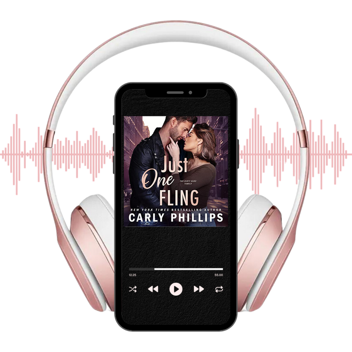 Just One Fling audiobook displayed on a player with headphones and soundwaves