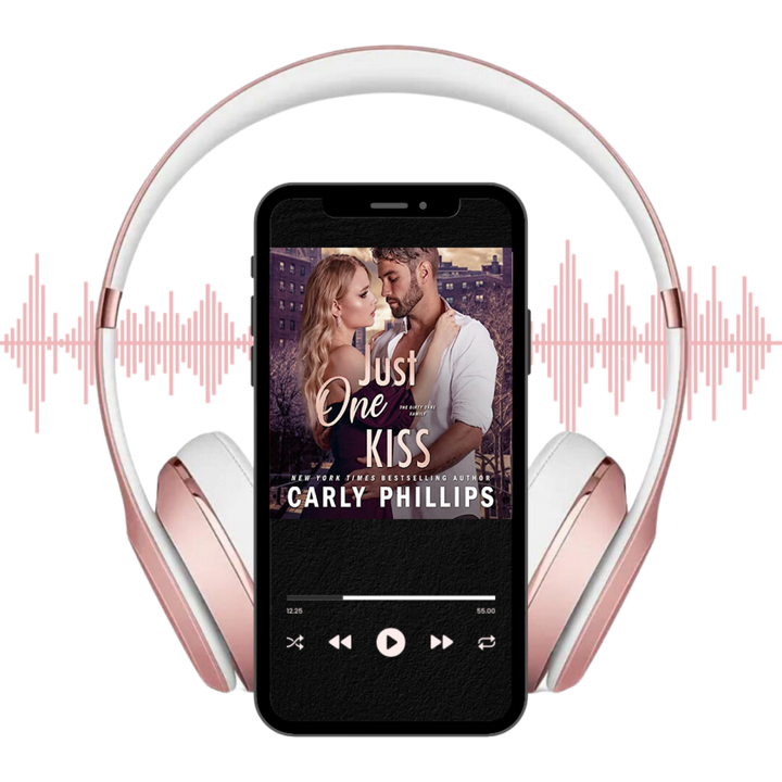 Just One Kiss audiobook on player displayed with headphones and soundwaves