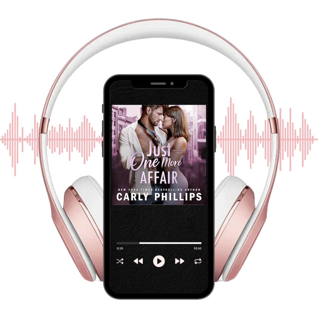 Phone displaying 'Just One More Affair' audiobook cover with rose gold headphones and sound waves.