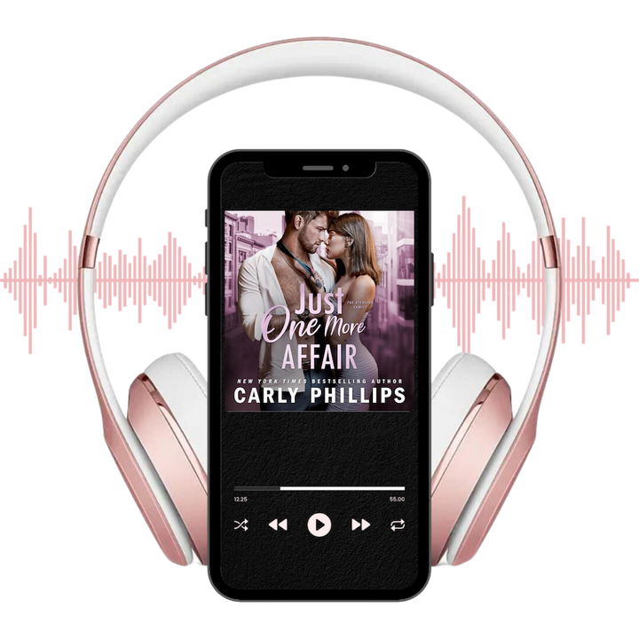 Phone displaying 'Just One More Affair' audiobook cover with rose gold headphones and sound waves.