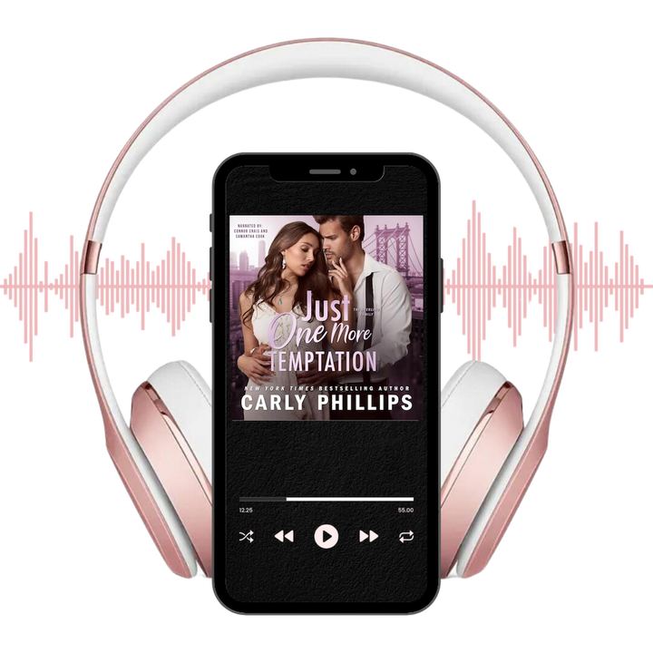 Phone displaying 'Just One More Temptation' audiobook cover with headphones and audio waves on a white background