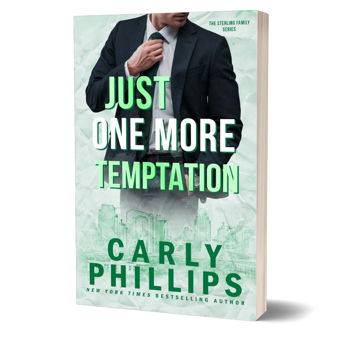 Book cover of 'Just One More Temptation' by Carly Phillips with a man adjusting his tie on a green cityscape background.