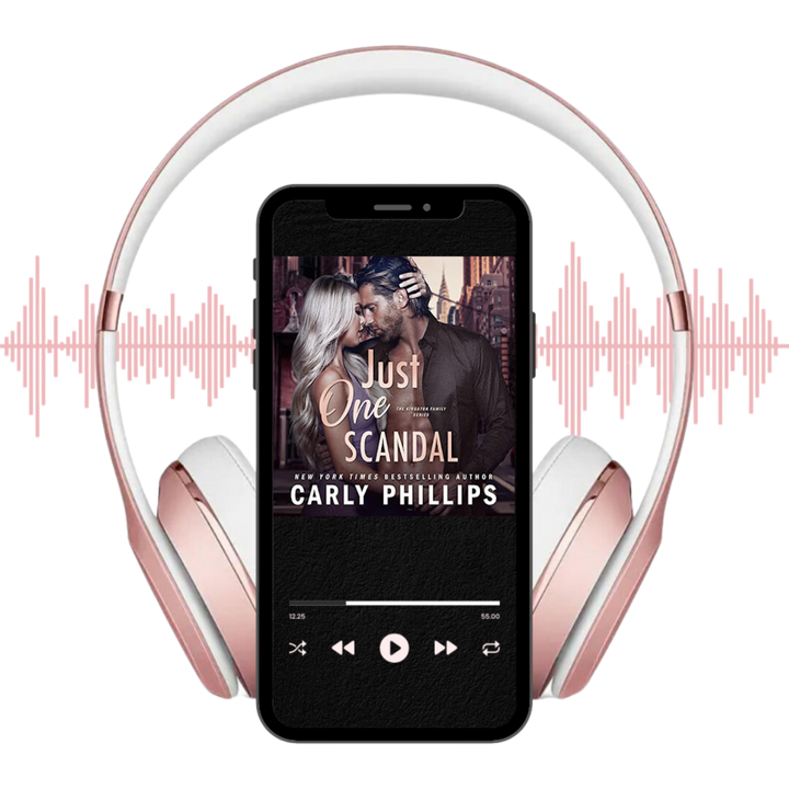 Just One Scandal audiobook on player displayed with headphones and soundwaves