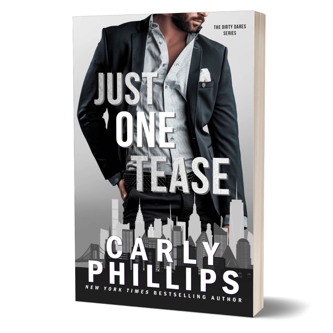 Book cover of 'Just One Tease' by Carly Phillips with a man in a suit and cityscape background.