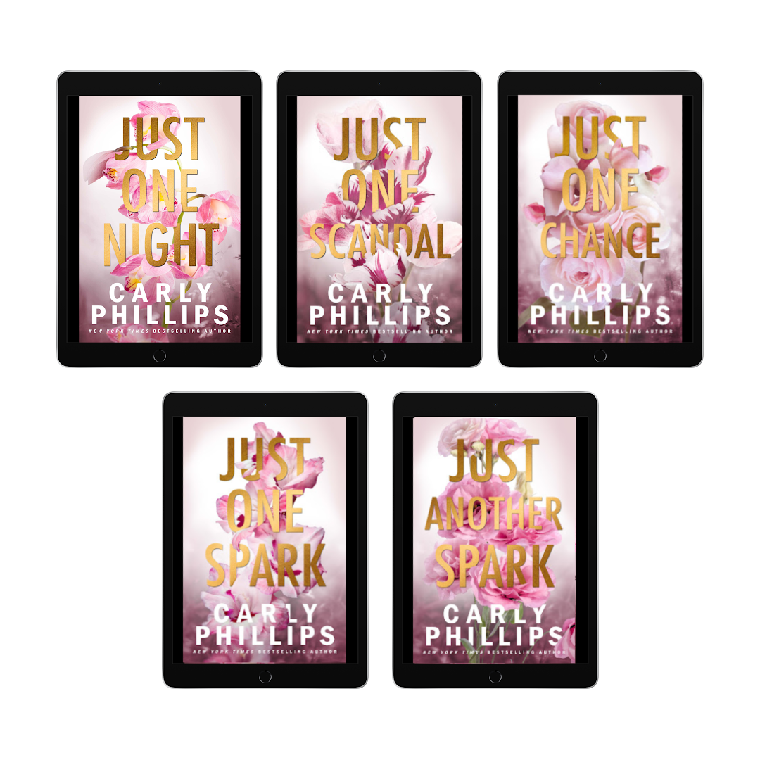 Five ebook reading devices, showing covers of 'The Kingston Family' series by Carly Phillips with discreet floral designs.
