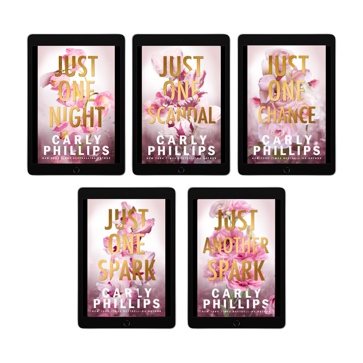 Five ebook reading devices, showing covers of 'The Kingston Family' series by Carly Phillips with discreet floral designs.