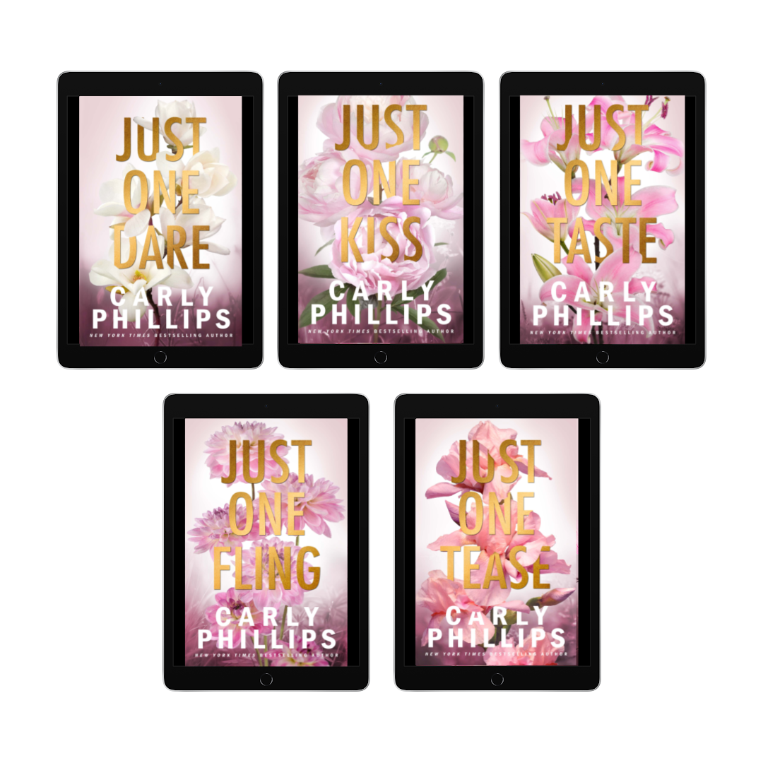 Five tablet screens displaying book covers of The Dirty Dares series by Carly Phillips with floral designs and gold text.