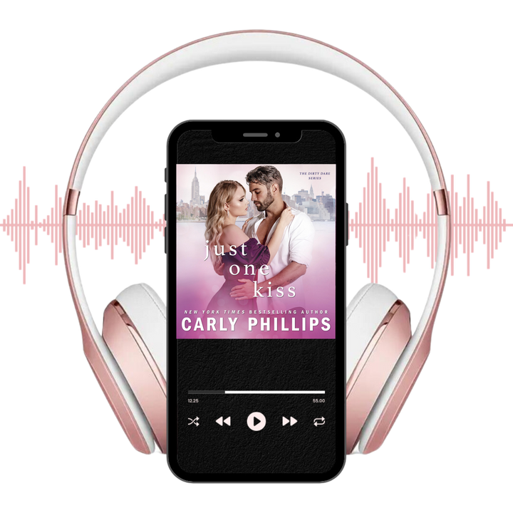 Just One Kiss audiobook on player displayed with headphones and soundwaves