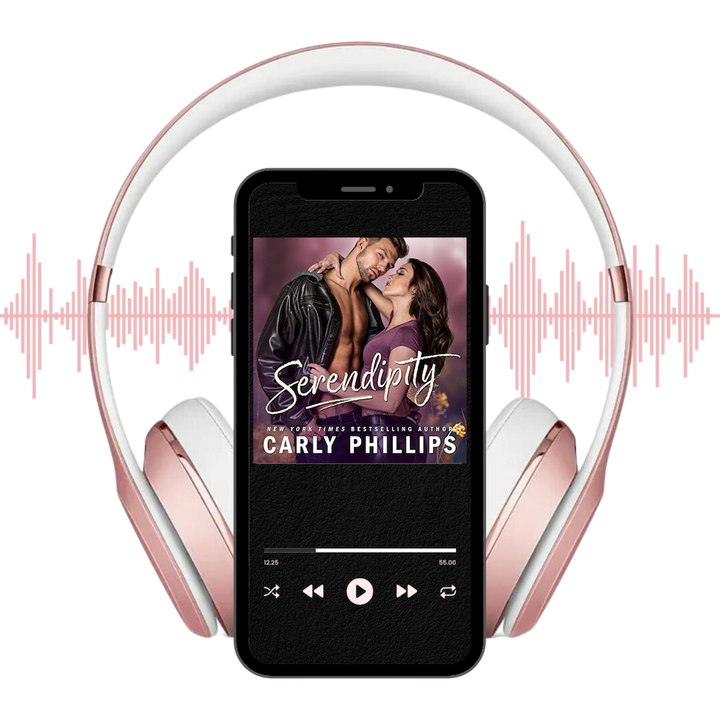 Serendipity audiobook displayed on player with headphones and soundwaves