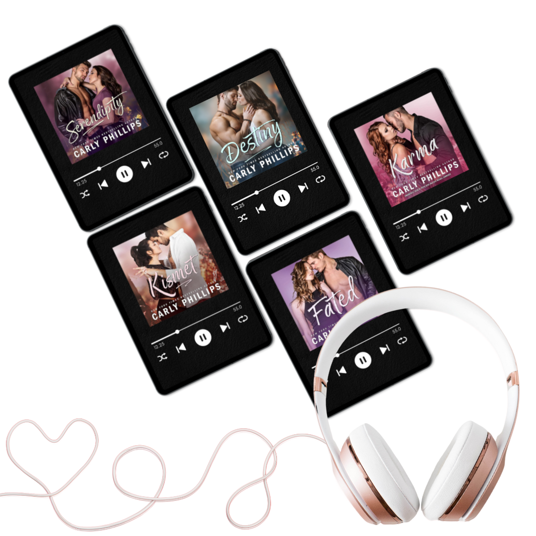 Five Serendipity audiobooks showing happy couples on digital audio players with headphones in the foreground