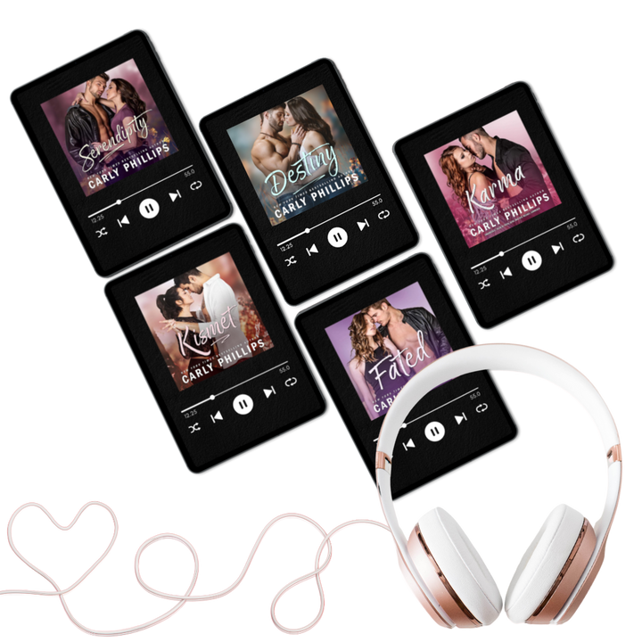 Five Serendipity audiobooks showing happy couples on digital audio players with headphones in the foreground